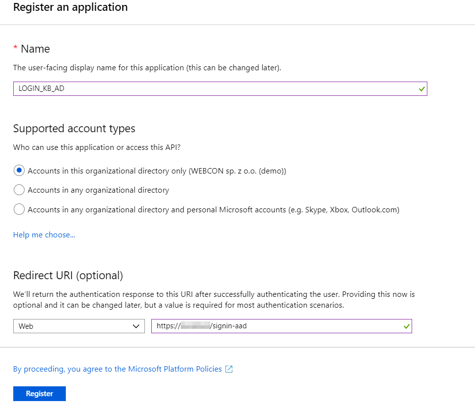 The image shows how to register the application